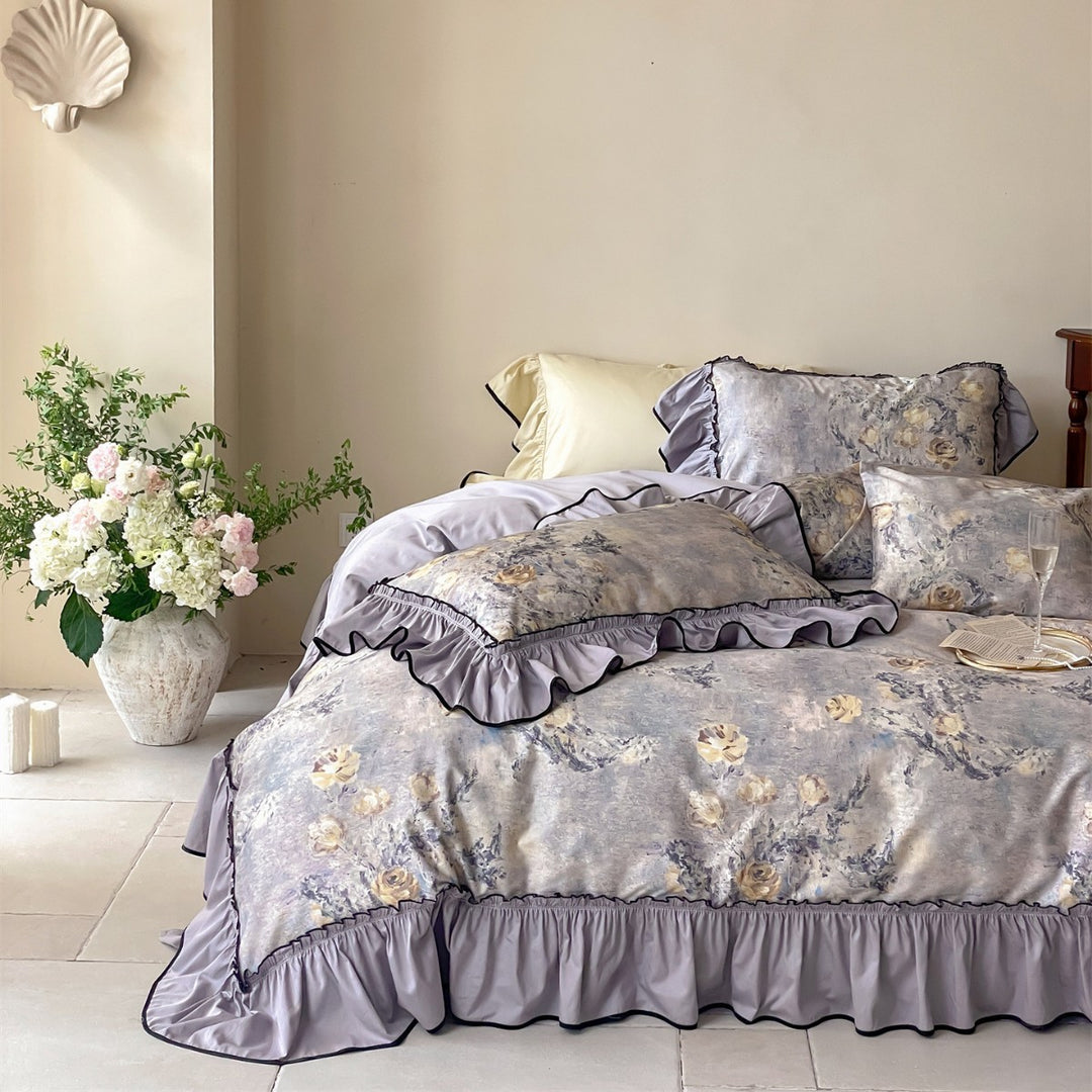 Ruffled Floral Cotton-Linen Blend Duvet Cover Set with Skirted Ruffle and Contrasting Piped Edge