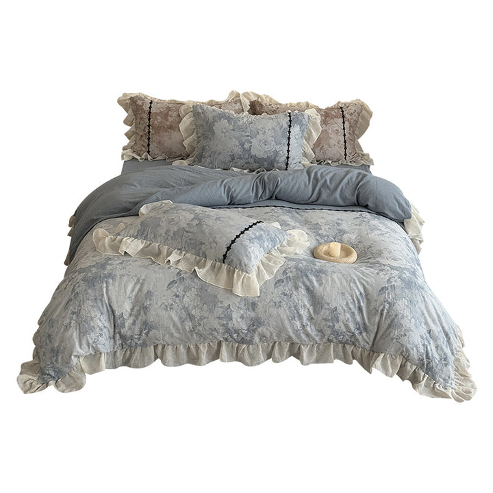 Washed Linen-Feel Floral Duvet Cover Set with Ruffled Gauze Trim & Lace-Piped Shams