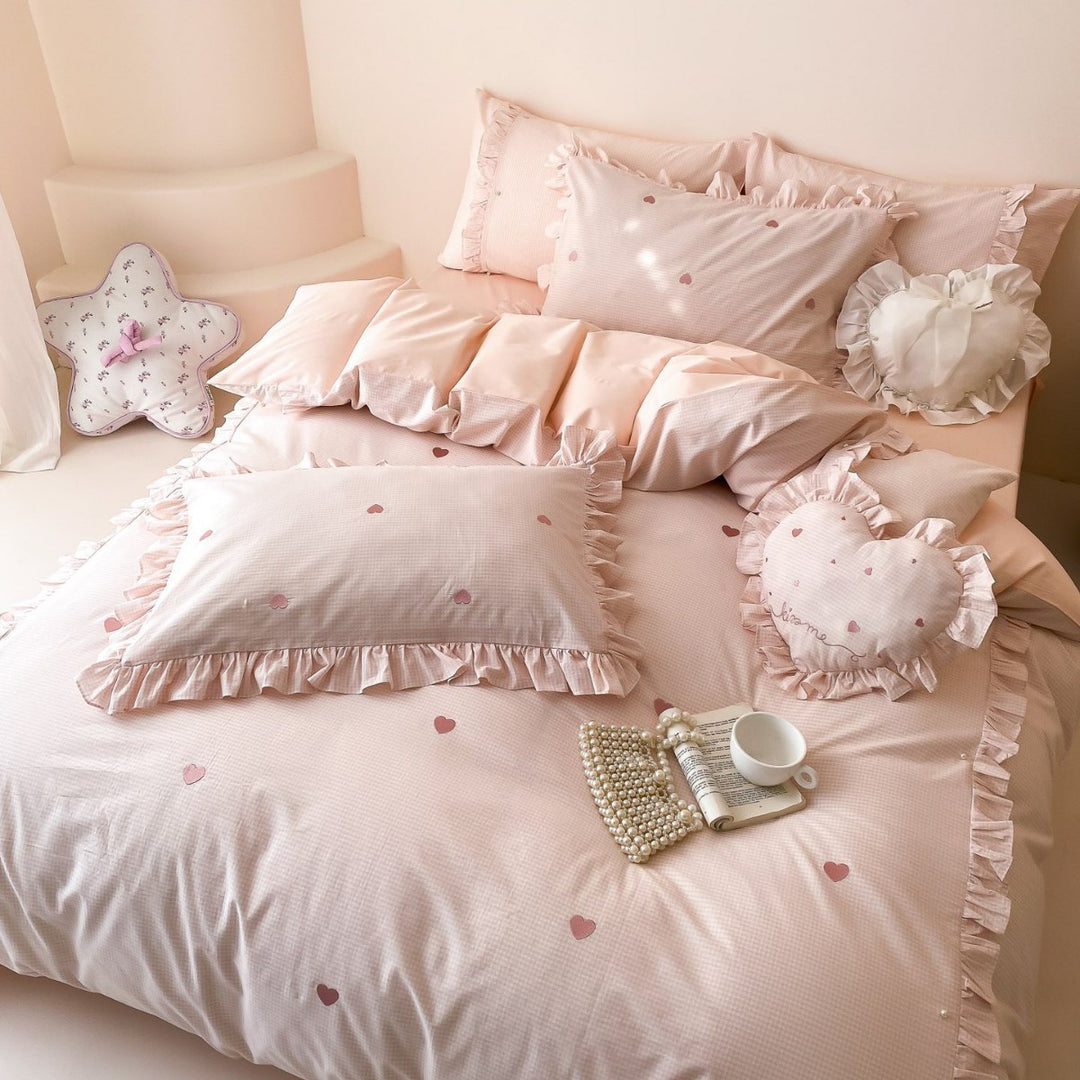 Romantic Ruffled Heart-Print Cotton Duvet Cover Set