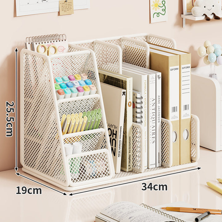 Mesh Desktop Organizer with Multi-Compartment Book Binder and Pen Rack