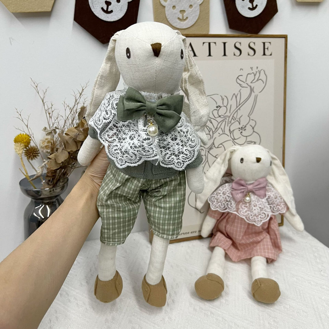 Handcrafted Linen Bunny Doll with Lace Collar and Pearl Bow Charm
