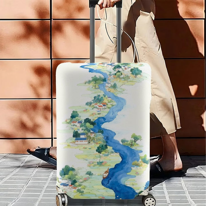 Unisex nan elastic suitcase cover with detailed river and village illustration print, tear-resistant stretch protection for hard shell and fabric trolley Stornfield