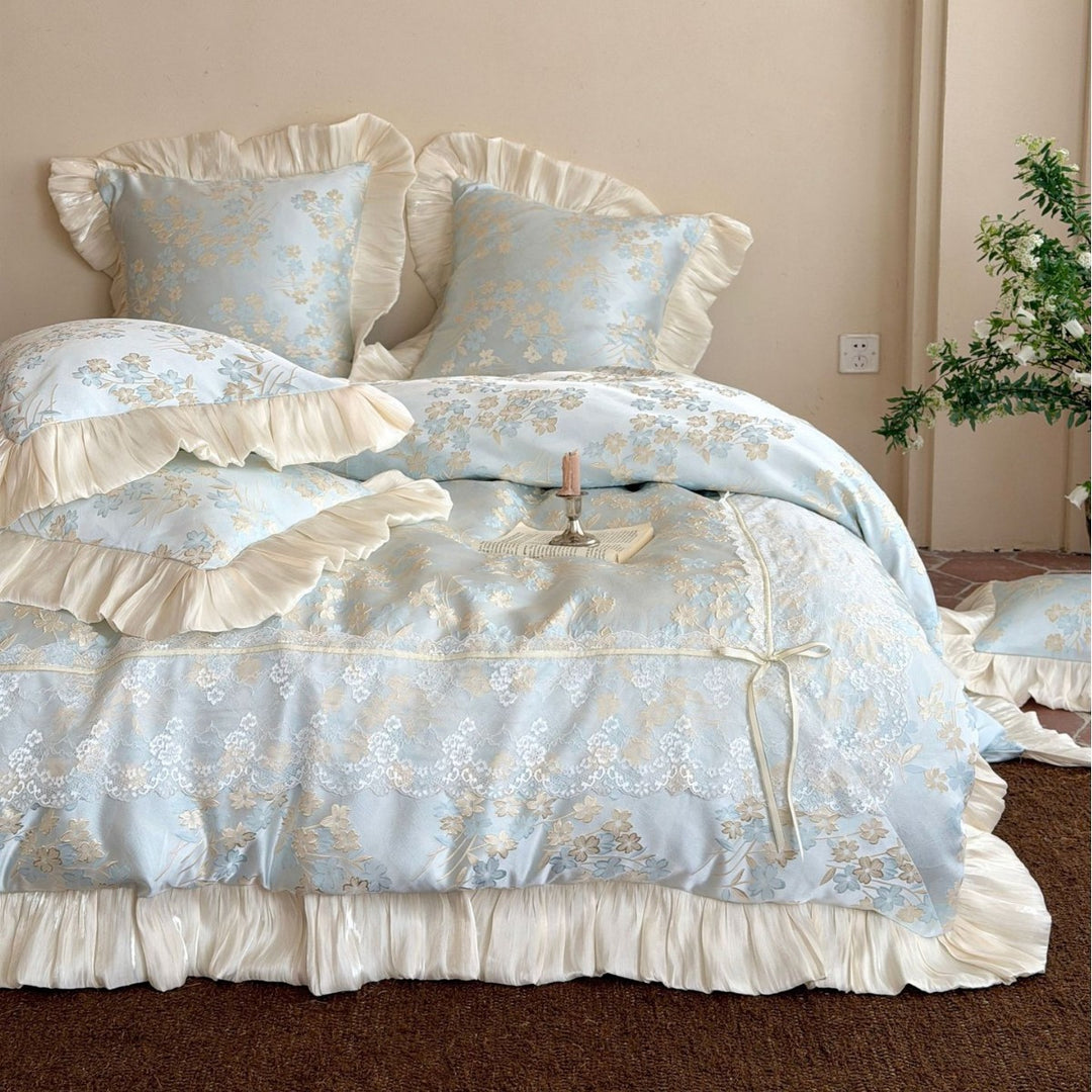 Luxurious Floral Ruffled Lace Comforter Set with Satin Trim
