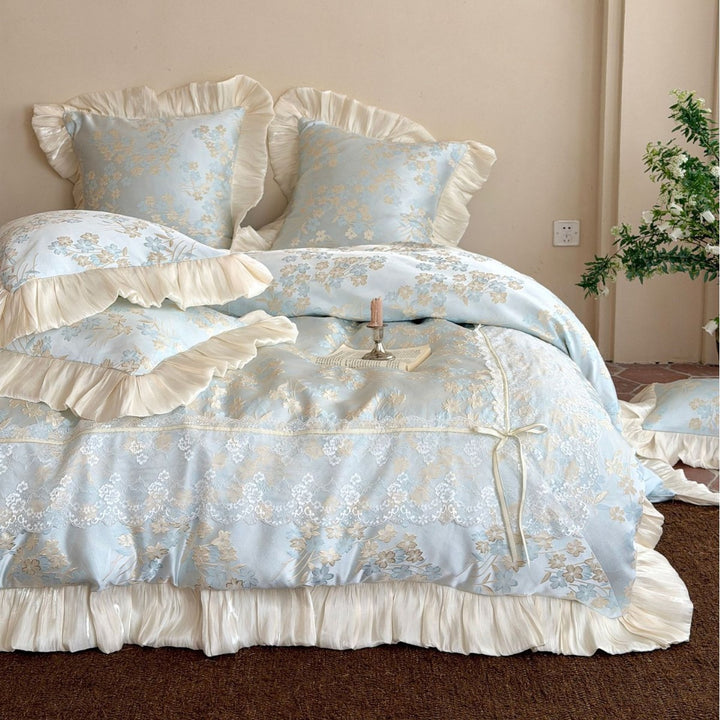 Luxurious Floral Ruffled Lace Comforter Set with Satin Trim