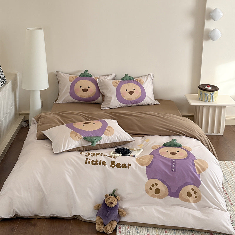 Children's Cartoon Bear Eggplant-Themed Duvet Cover Bedding Set with Pillowcases