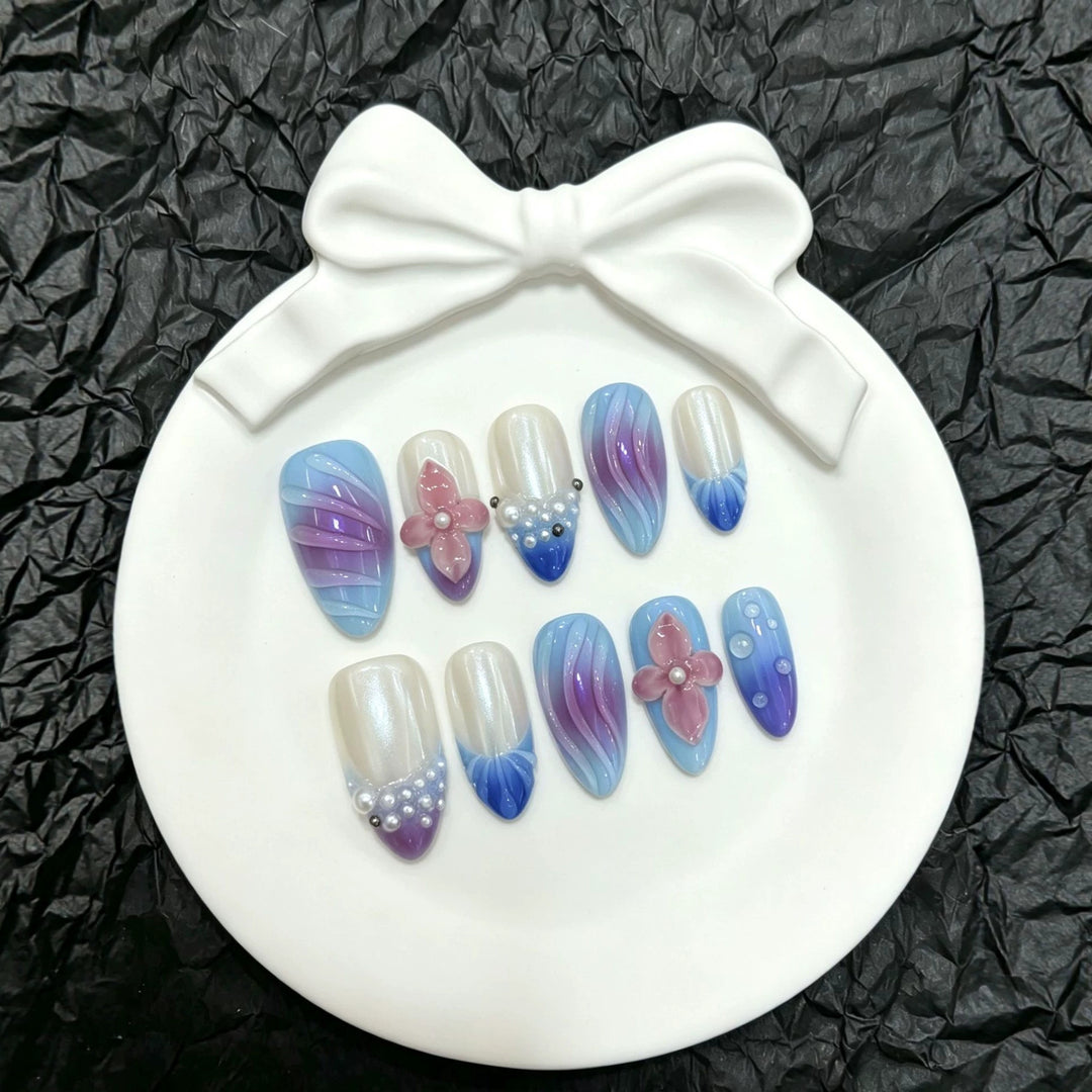 Decorative Press-On Nail Set with Floral and Gradient Designs