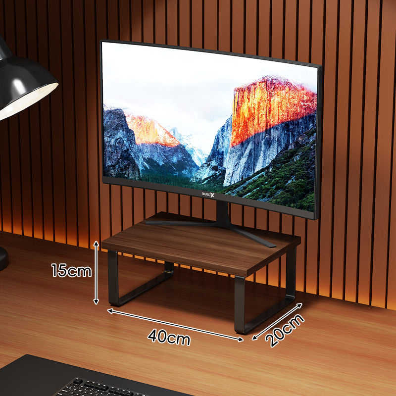 Compact Wooden-Top Monitor Riser Stand with Metal Frame and Under-Shelf Storage