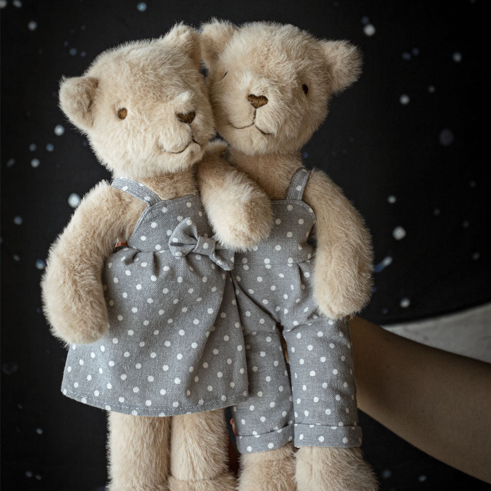 Handcrafted Luxury Plush Teddy Bear with Polka Dot Linen Dress