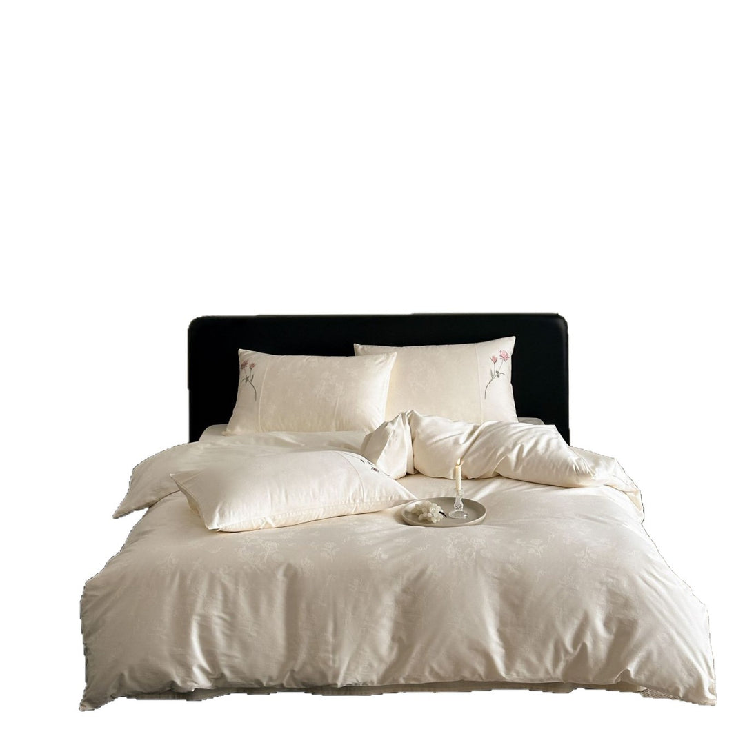 Reversible Satin-Jacquard Duvet Cover Set with Embroidered Rose Pillow Shams