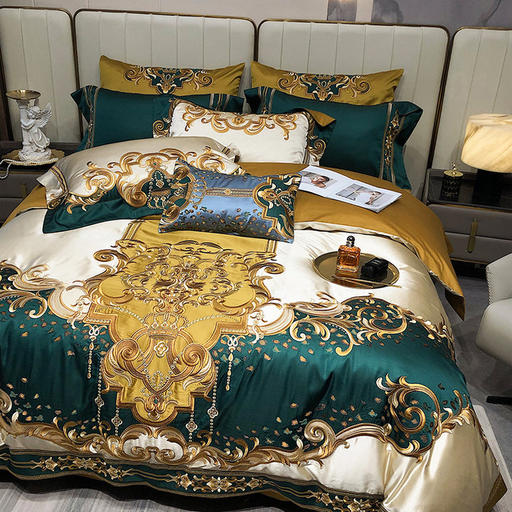 Silky Floral Embroidered Satin Duvet Cover Bedding Set with Scalloped Hem & Pillow Shams