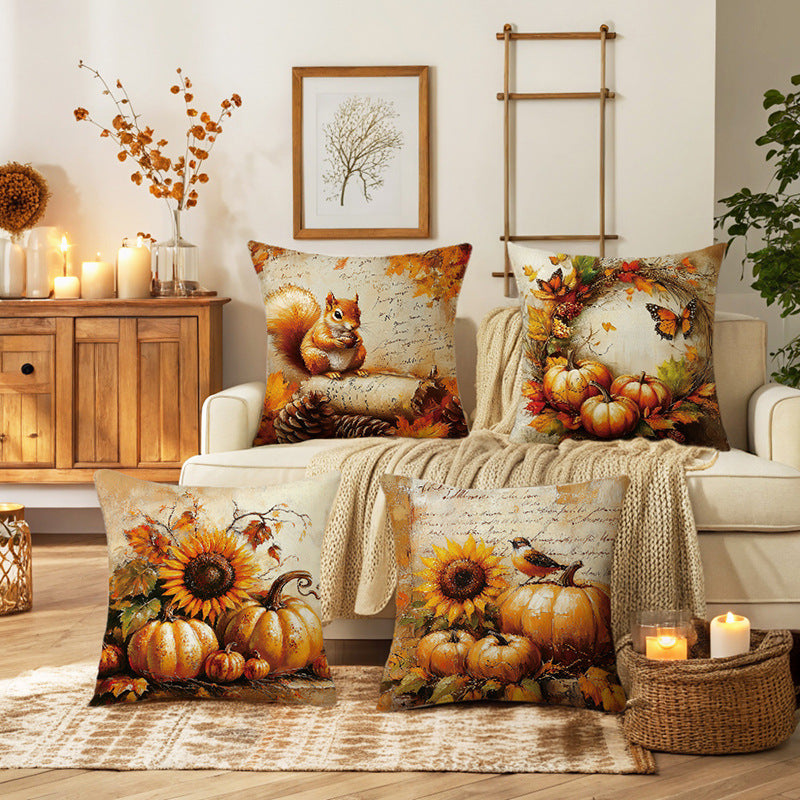 Autumn Harvest Sunflower & Pumpkin Linen-Texture Square Throw Pillow Cover with Hidden Zipper