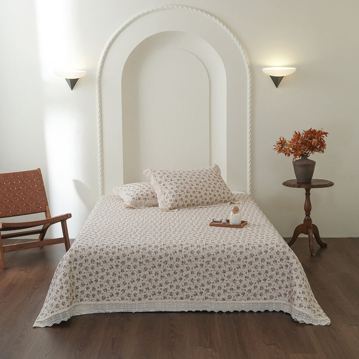 Hand-Quilted Vintage Floral Cotton Bedspread & Crochet-Edged Pillow Sham Set