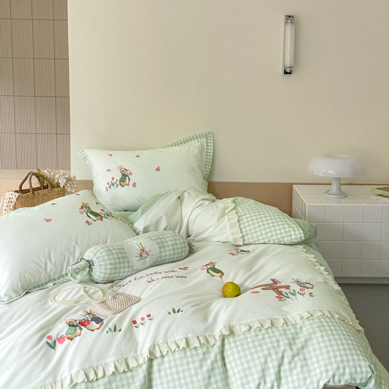 Embroidered Gingham Picnic-Illustration Cotton Duvet Cover Bedding Set