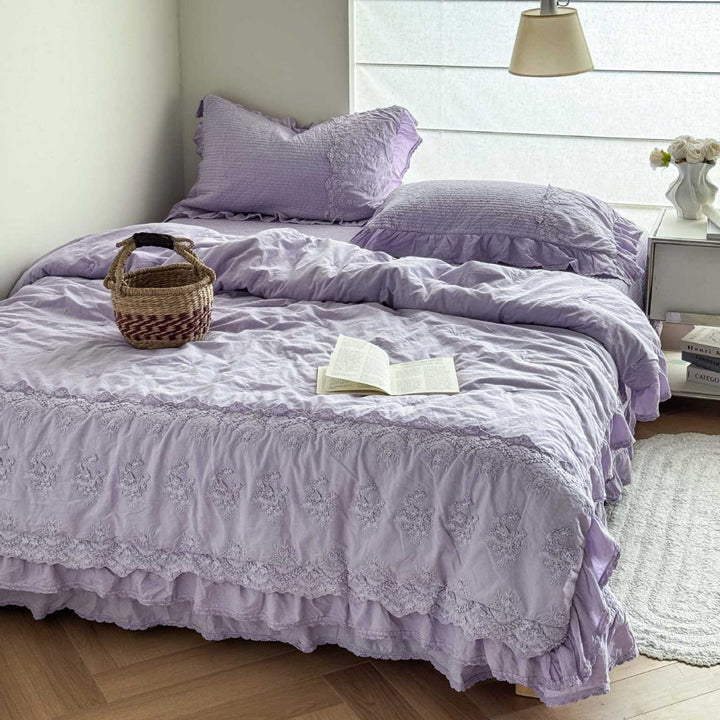 Ruffled Embroidered Cotton Duvet Cover Set with Lace Trim