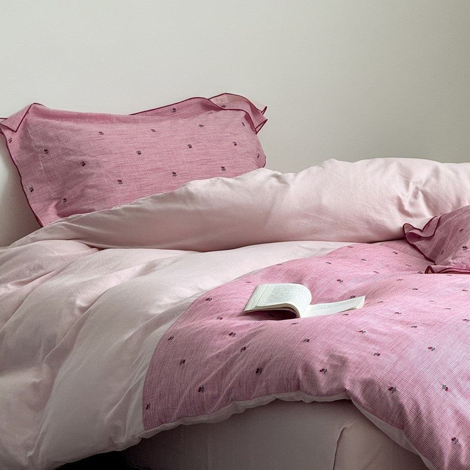 Embroidered Linen-Feel Reversible Duvet Cover Set with Mini Dot Stitching
