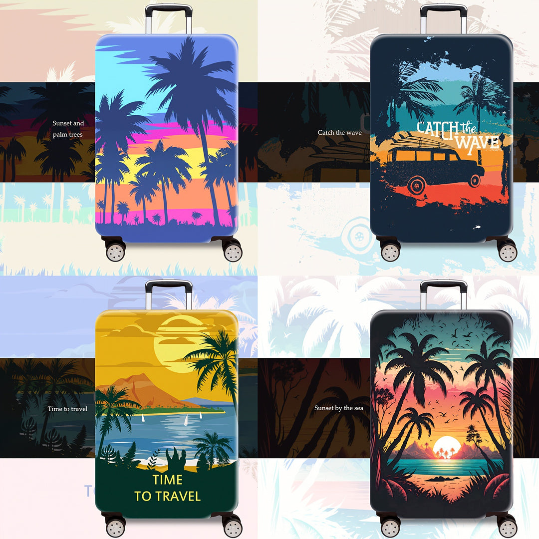 Unisex hard shell trolley printed with tropical sunset design, four wheels, expandable and lightweight, integrated combination lock Stornfield