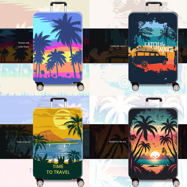 Unisex hard shell trolley printed with tropical sunset design, four wheels, expandable and lightweight, integrated combination lock Stornfield
