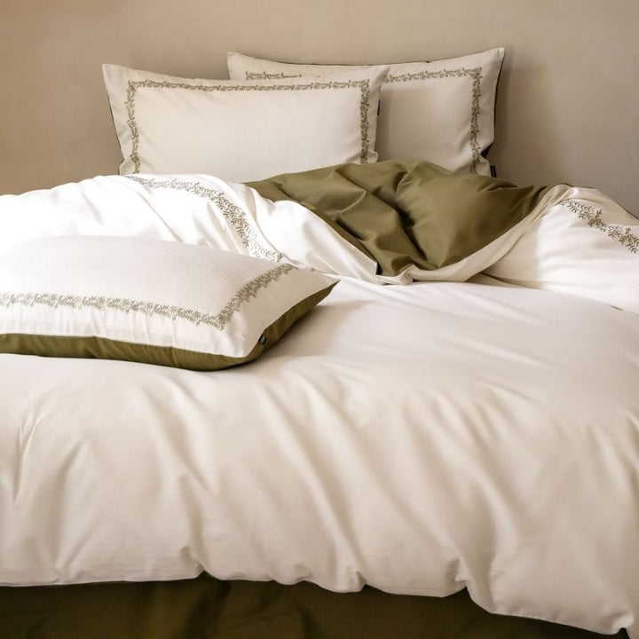 Reversible Cotton Sateen Duvet Cover Set with Contrast Hem and Embroidered Border Pillow Shams
