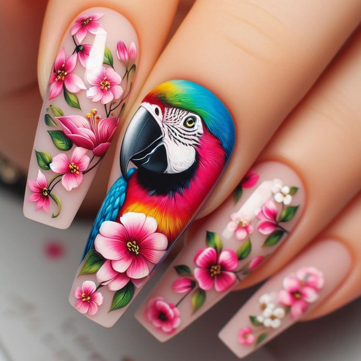 Exquisite Artificial Nails with Colorful Flower and Parrot Design Stornfield