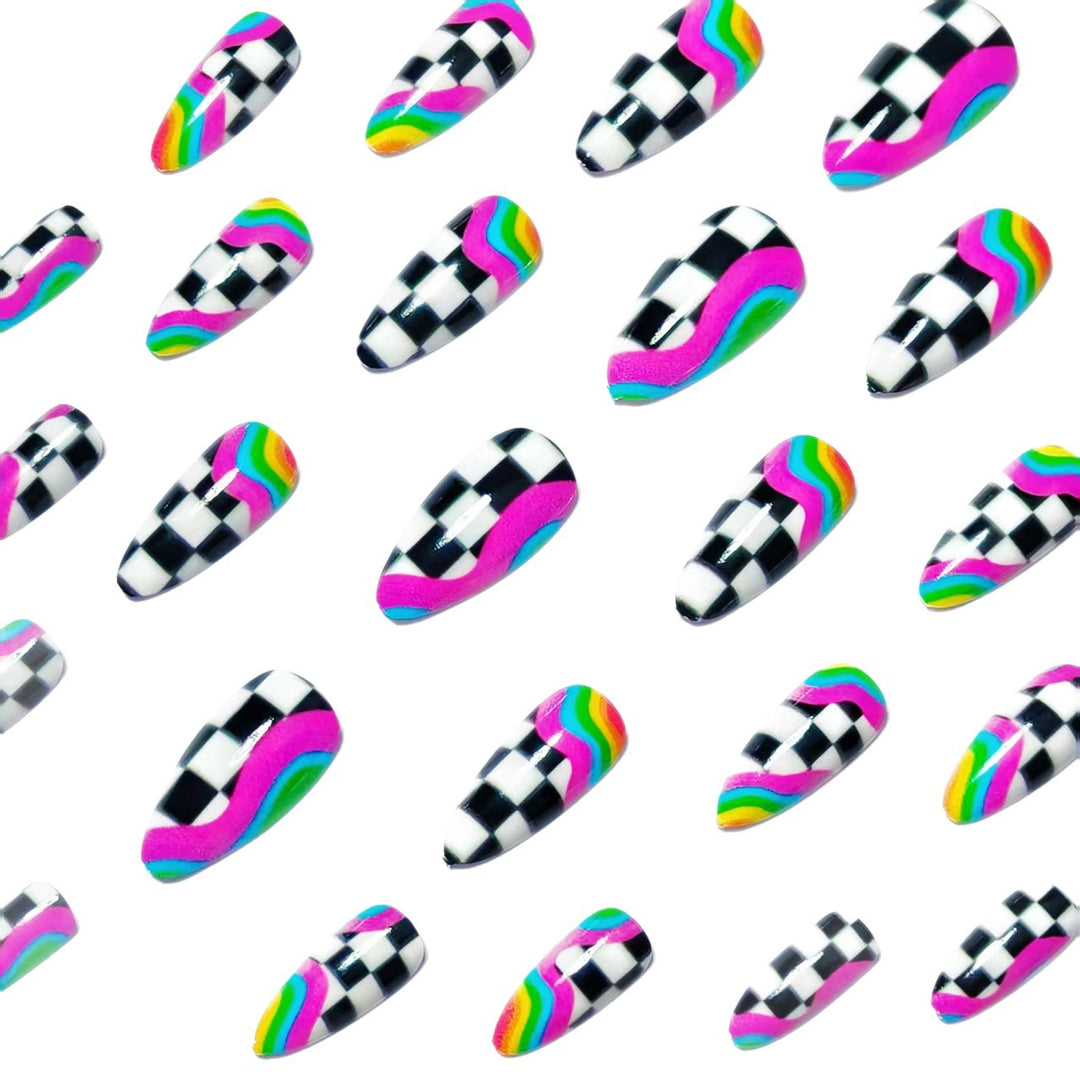 Creative artificial nails with colorful wave and checkerboard design Stornfield