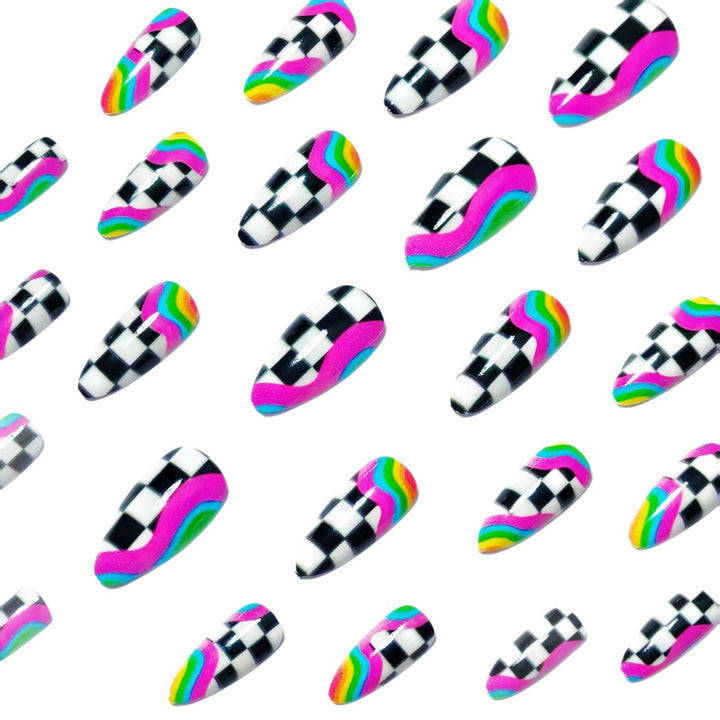 Creative artificial nails with colorful wave and checkerboard design Stornfield