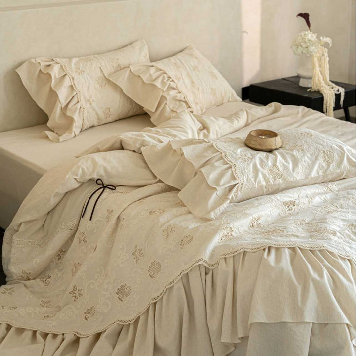 Embroidered Cotton-Linen Ruffled Duvet Cover Set