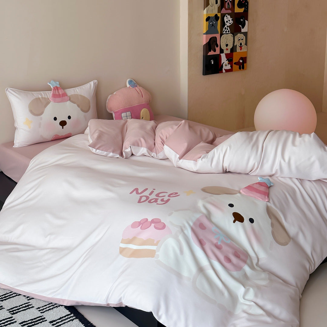 Children's bedding set with cute rabbit illustration and reversible function