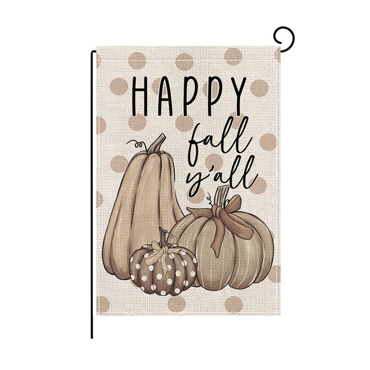 Double-Sided Burlap-Texture Autumn Garden Flag with Hand-Illustrated Pumpkins and 'Happy Fall' Typography