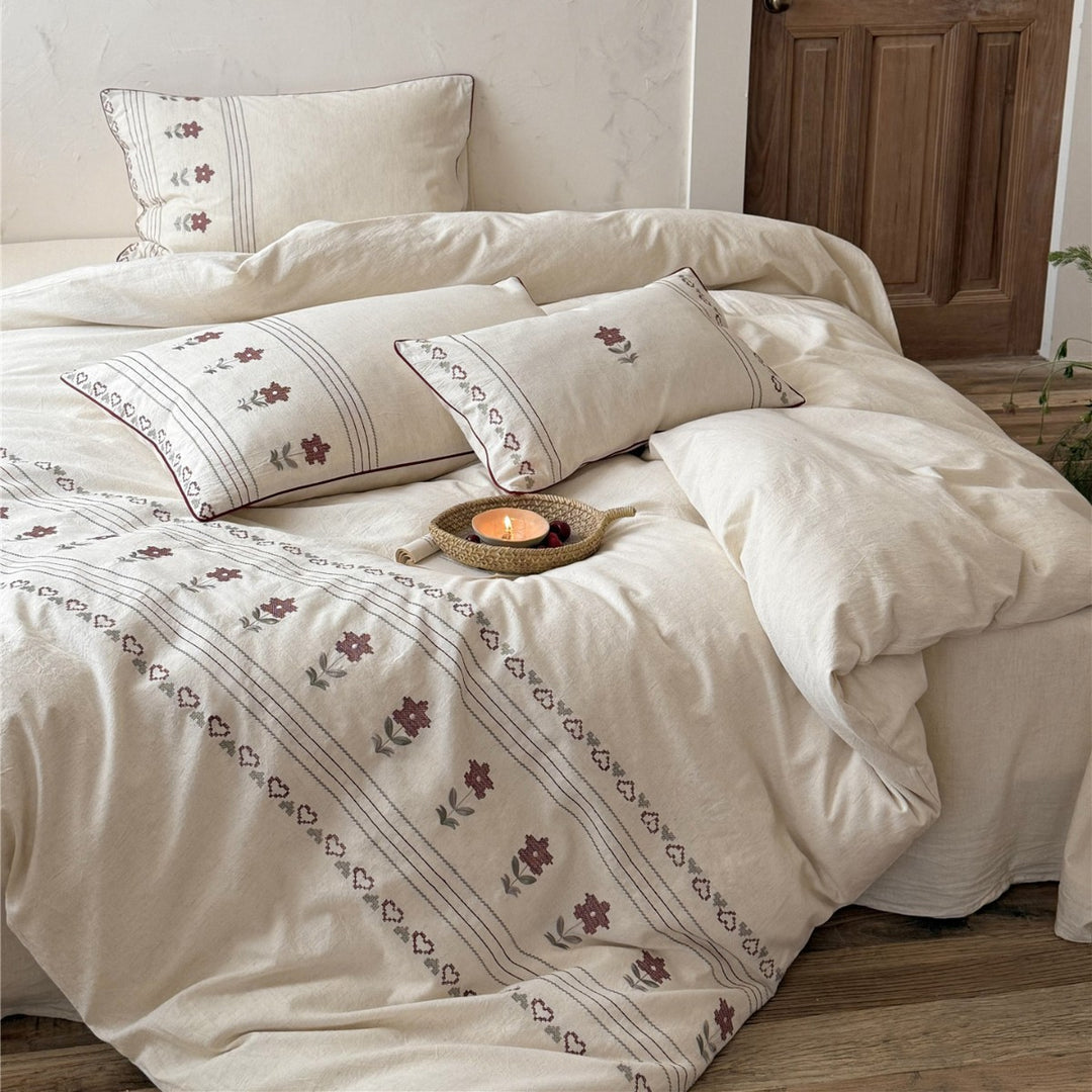 Embroidered Linen Duvet Cover Set with Decorative Pillow Shams
