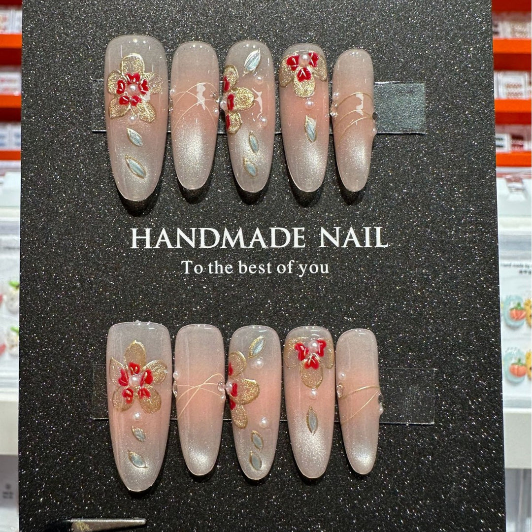 Handmade Floral Press-On Nail Set with 3D Floral and Gem Accents