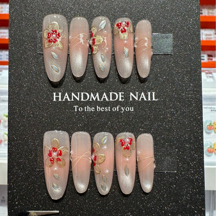 Handmade Floral Press-On Nail Set with 3D Floral and Gem Accents