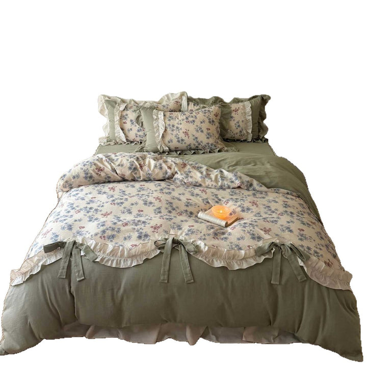 Vintage-inspired bedding set with ruffles, quilted bedspread, and cotton-linen bed skirt