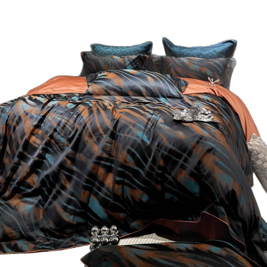 Silk-Feel Reversible Duvet Cover Set with Abstract Brushstroke Print