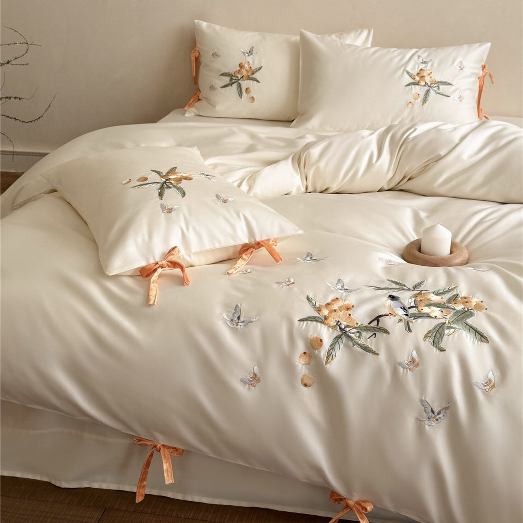 Luxury Embroidered Satin Duvet Cover Set with Botanical Bird Motif and Velvet Tie Closures