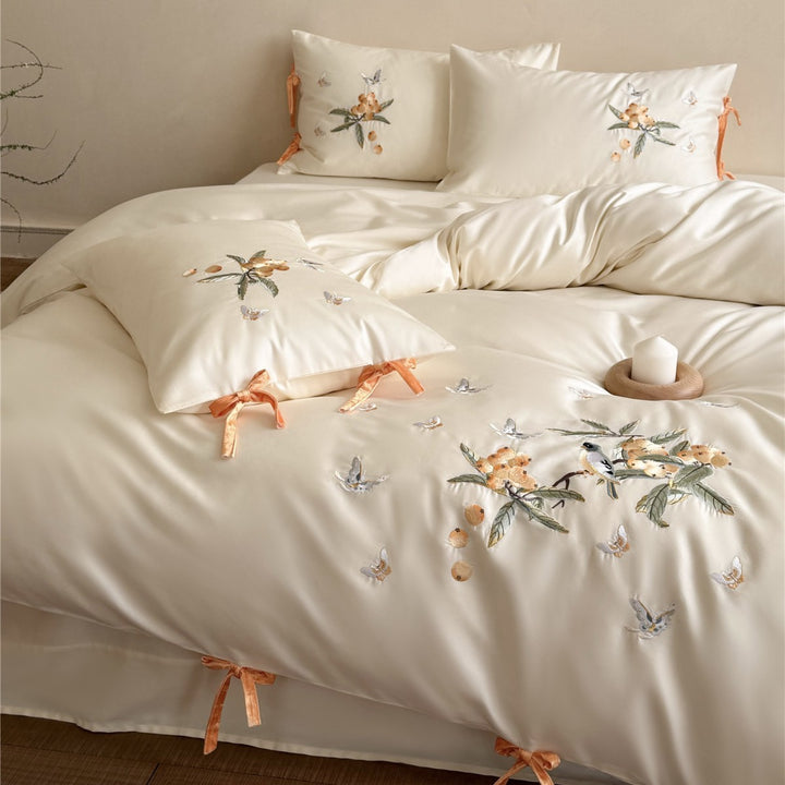 Luxury Embroidered Satin Duvet Cover Set with Botanical Bird Motif and Velvet Tie Closures