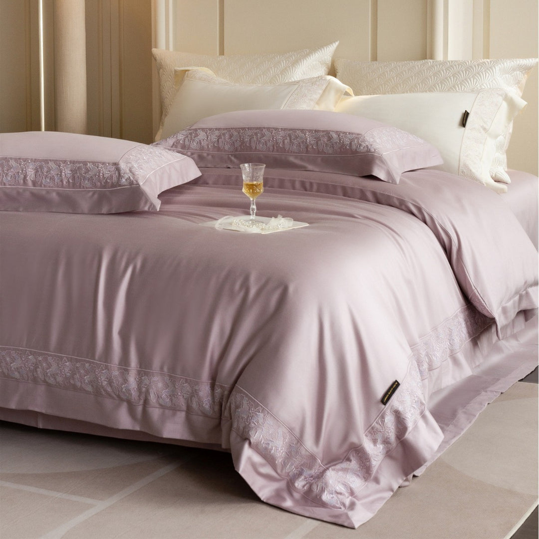 Silky Sateen Duvet Cover Set with Floral Lace Inset and Deep-Pocket Pillow Shams
