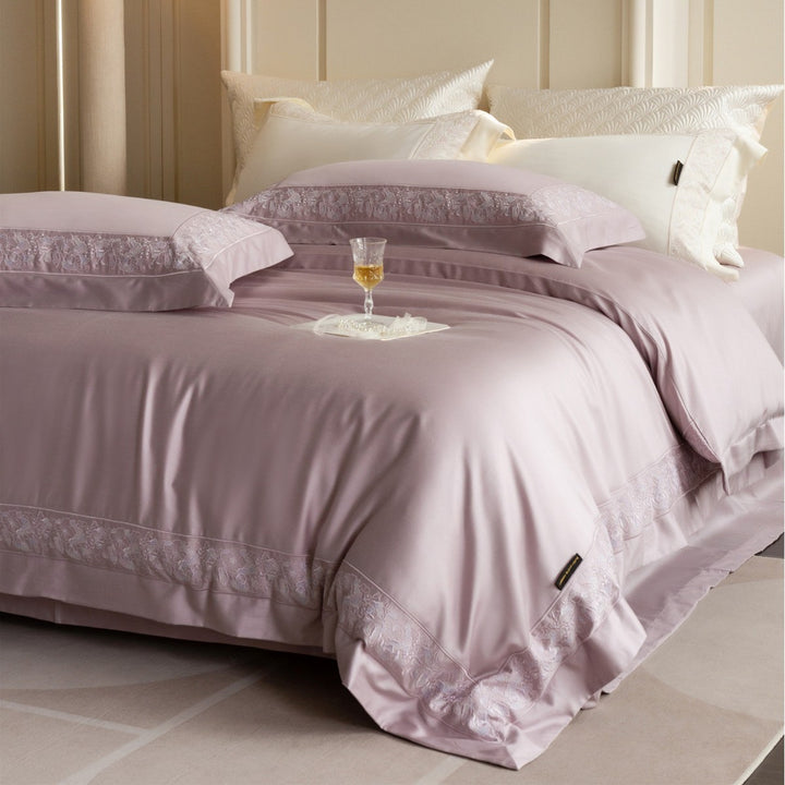 Silky Sateen Duvet Cover Set with Floral Lace Inset and Deep-Pocket Pillow Shams