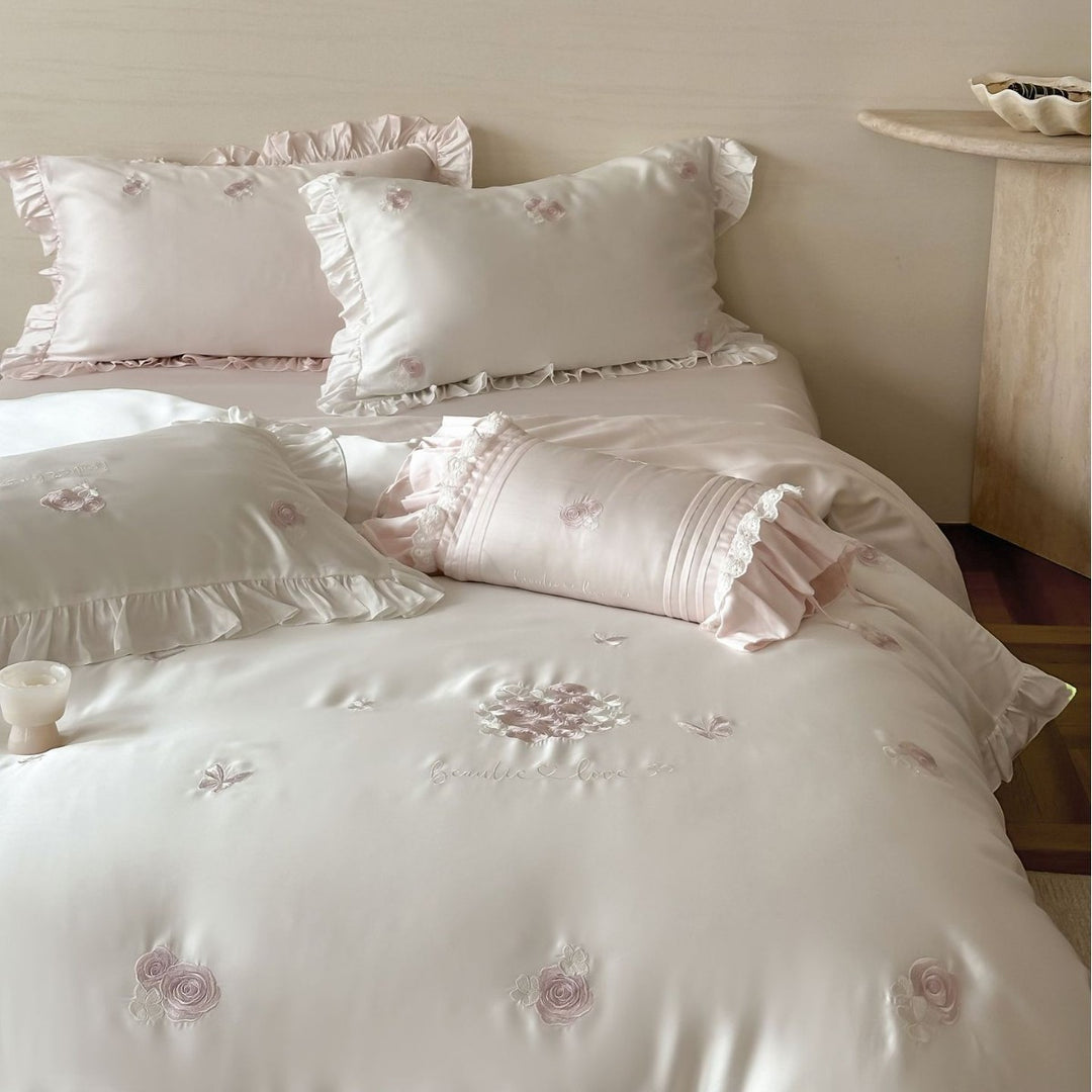 Satin Rose-Embroidered Ruffled Duvet Cover Ensemble with Decorative Bolster and Frilled Pillow Shams