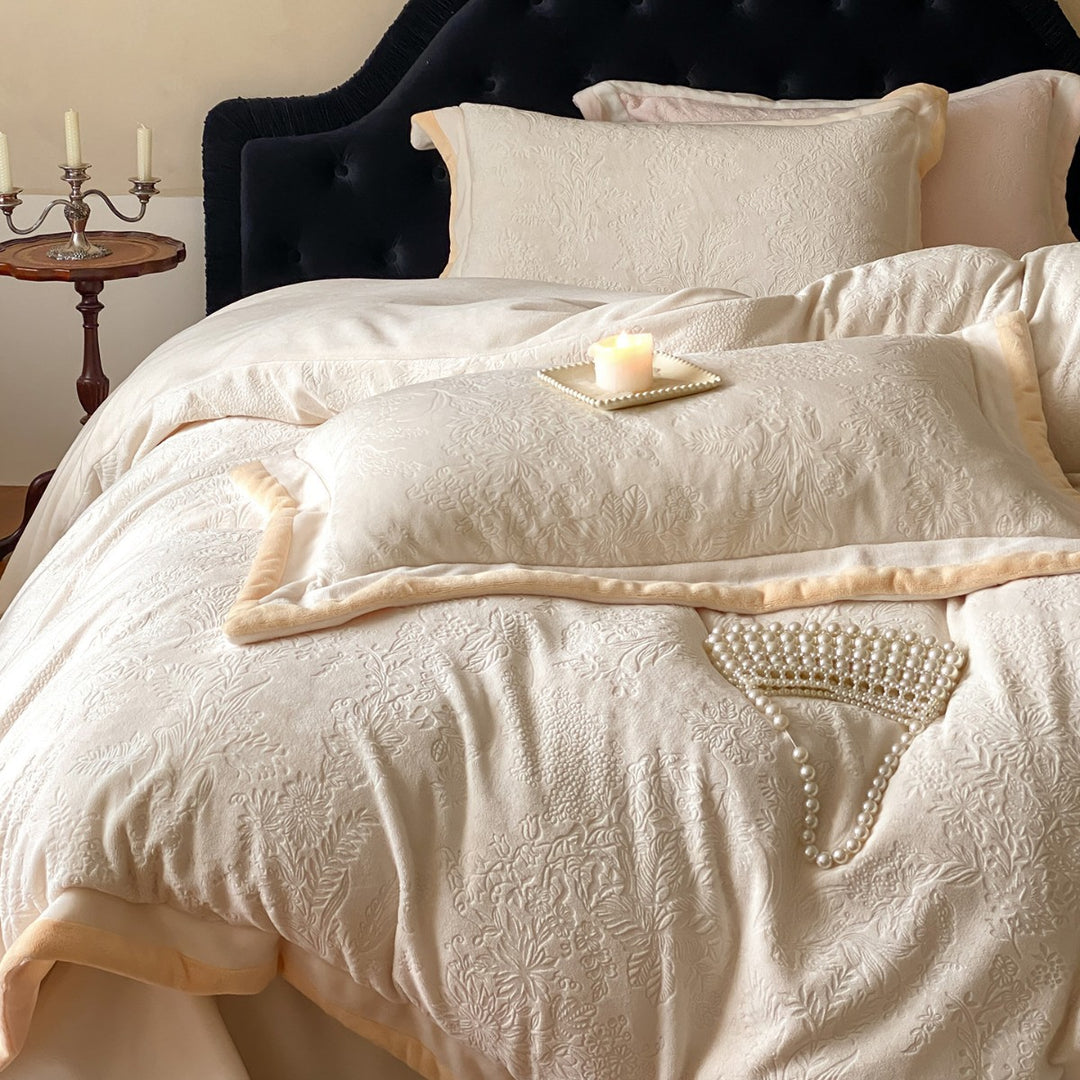 Embroidered Jacquard Floral Duvet Cover Set with Velvet Piped Edge and Pearl Appliqué