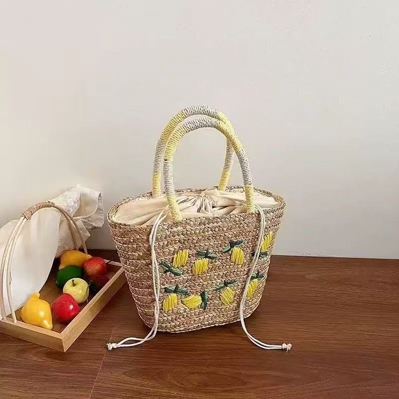 Spacious straw bag with lemon embroidery Stornfield