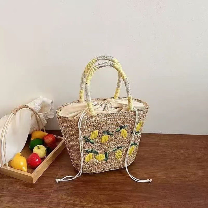 Spacious straw bag with lemon embroidery Stornfield