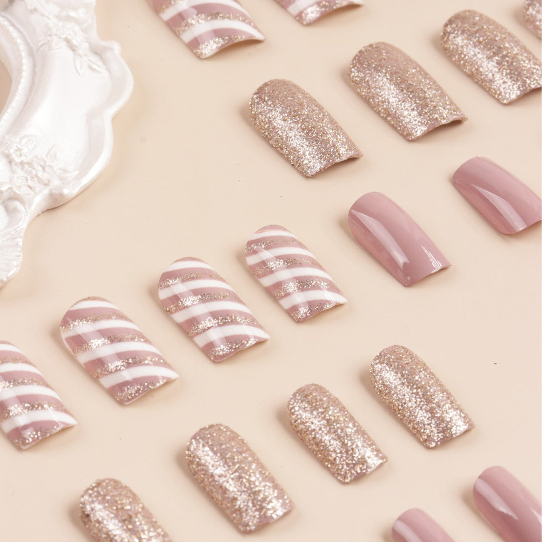 Glamorous Glitter and Striped Press-On Nail Art Stornfield