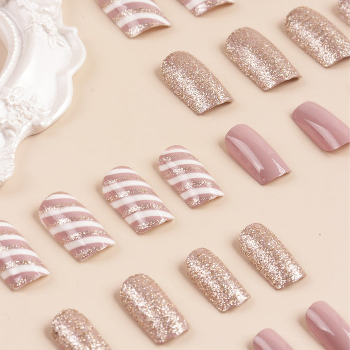 Glamorous Glitter and Striped Press-On Nail Art Stornfield