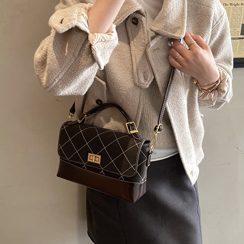 Quilted Suede and Glossy Leather Handheld Satchel