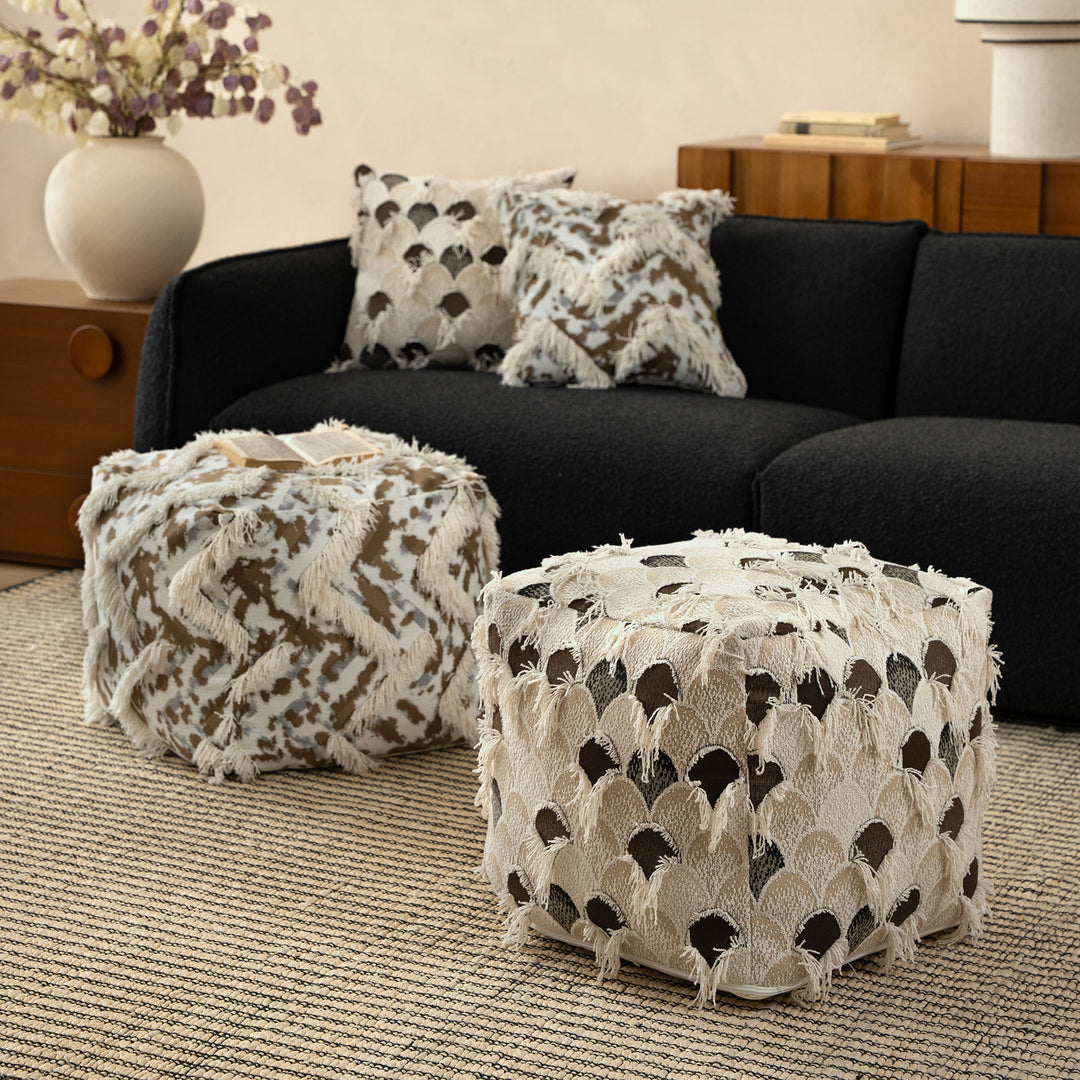 Filled floor seat pouf in ethnic jacquard with decorative fringes Stornfield