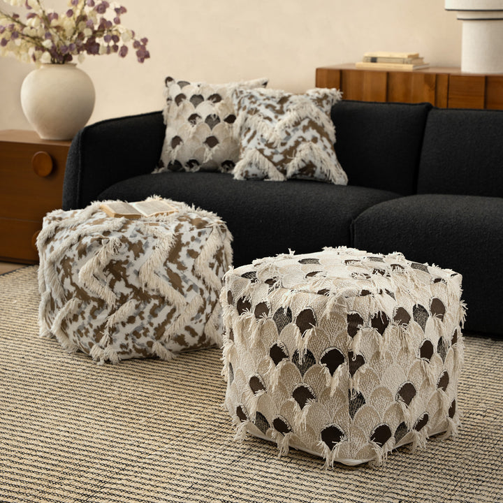 Filled floor seat pouf in ethnic jacquard with decorative fringes Stornfield
