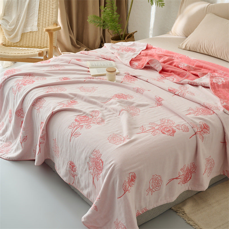 Light cotton throw blanket with floral rose print
