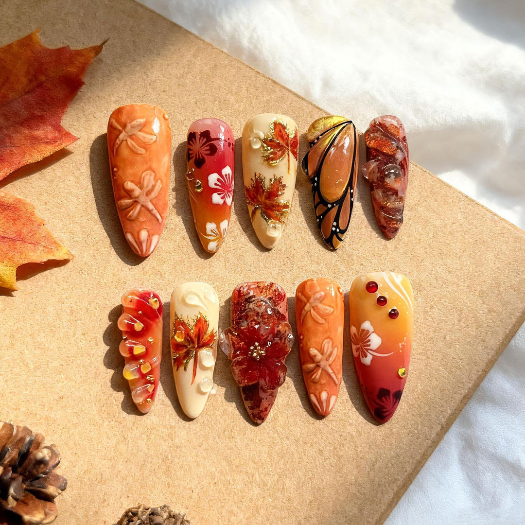 Artistic Autumn-Inspired Press-On Nail Art Set Stornfield