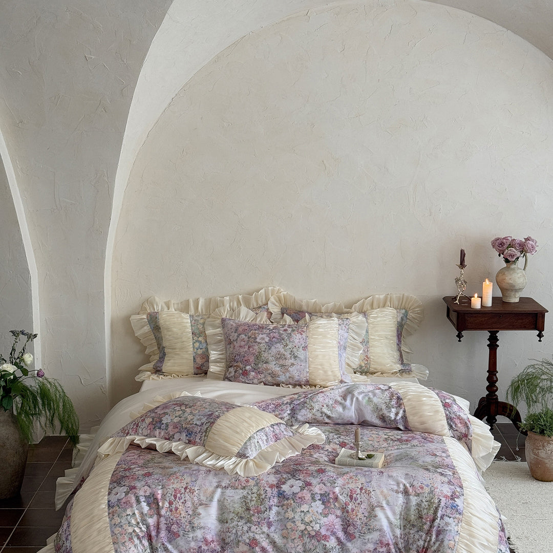 Floral Ruffled Satin-Trim Luxury Duvet Cover Set with Pillow Shams
