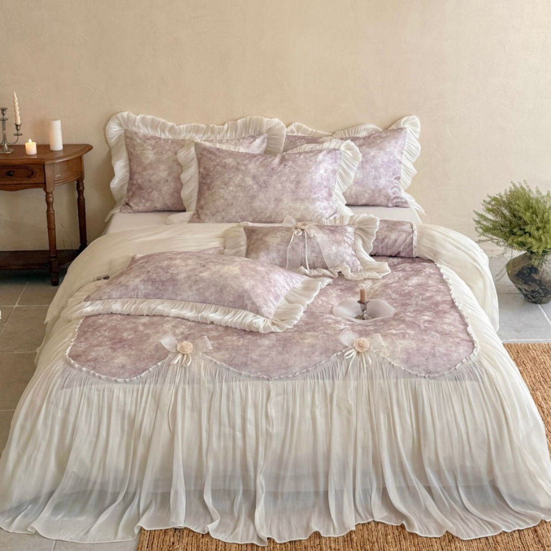 Romantic bedding set with ruffles, frills, and velvet look